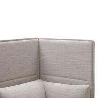Light gray textured fabric with subtle woven pattern, featuring a sleek, modern design and soft cushions.