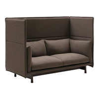 Brown upholstered sofa with a modern design, featuring a sleek pattern and high sides for added comfort and privacy.