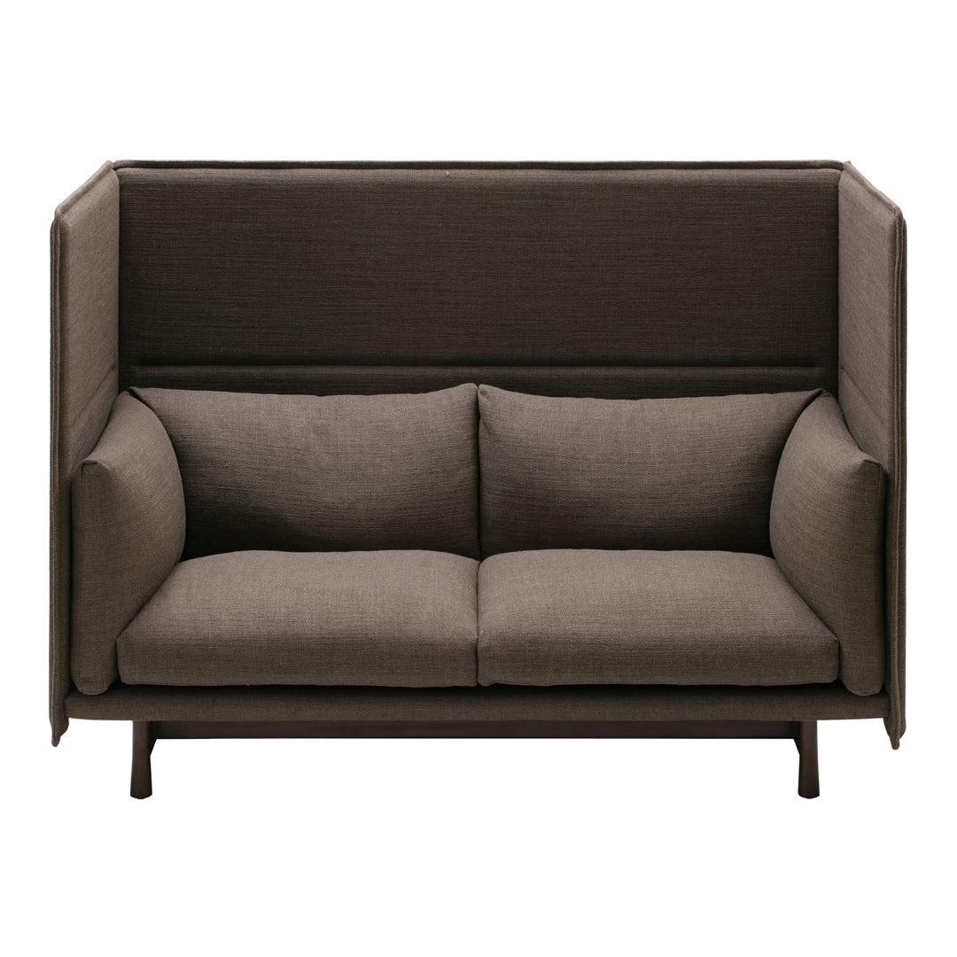 Brown upholstered sofa with a sleek design and textured fabric, featuring solid color without patterns.