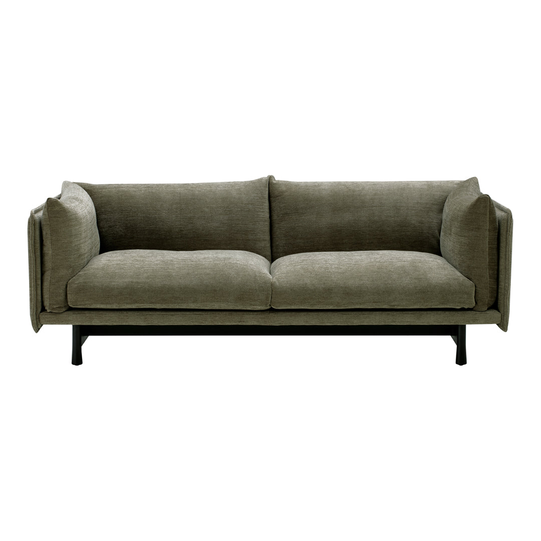 Olive green modern sofa with soft fabric and clean lines, featuring plush cushions and a sleek black metal frame.