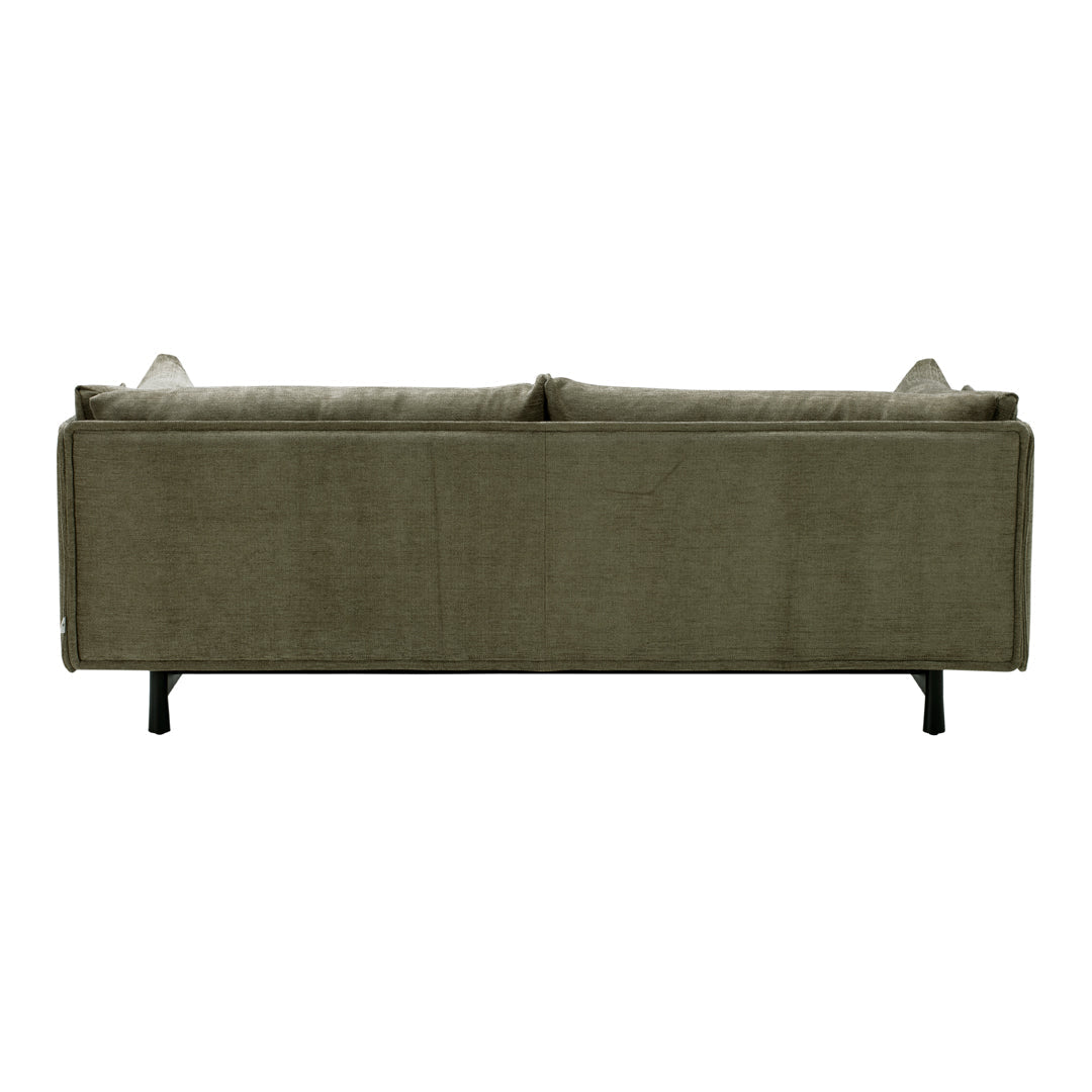 Olive green upholstered sofa with a sleek, minimalistic design and subtle texture, featuring black metal legs.