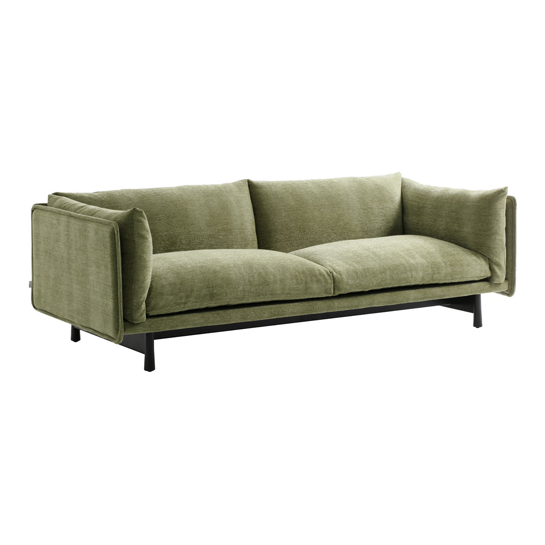 Olive green upholstered sofa with a textured finish and black metal legs. Ideal for modern living spaces.