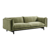 Olive green upholstered sofa with a textured finish and black metal legs. Ideal for modern living spaces.