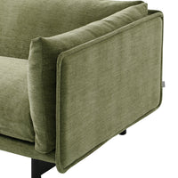 Olive green textured fabric sofa with plush cushions and sleek black metal legs. Perfect for modern decor.