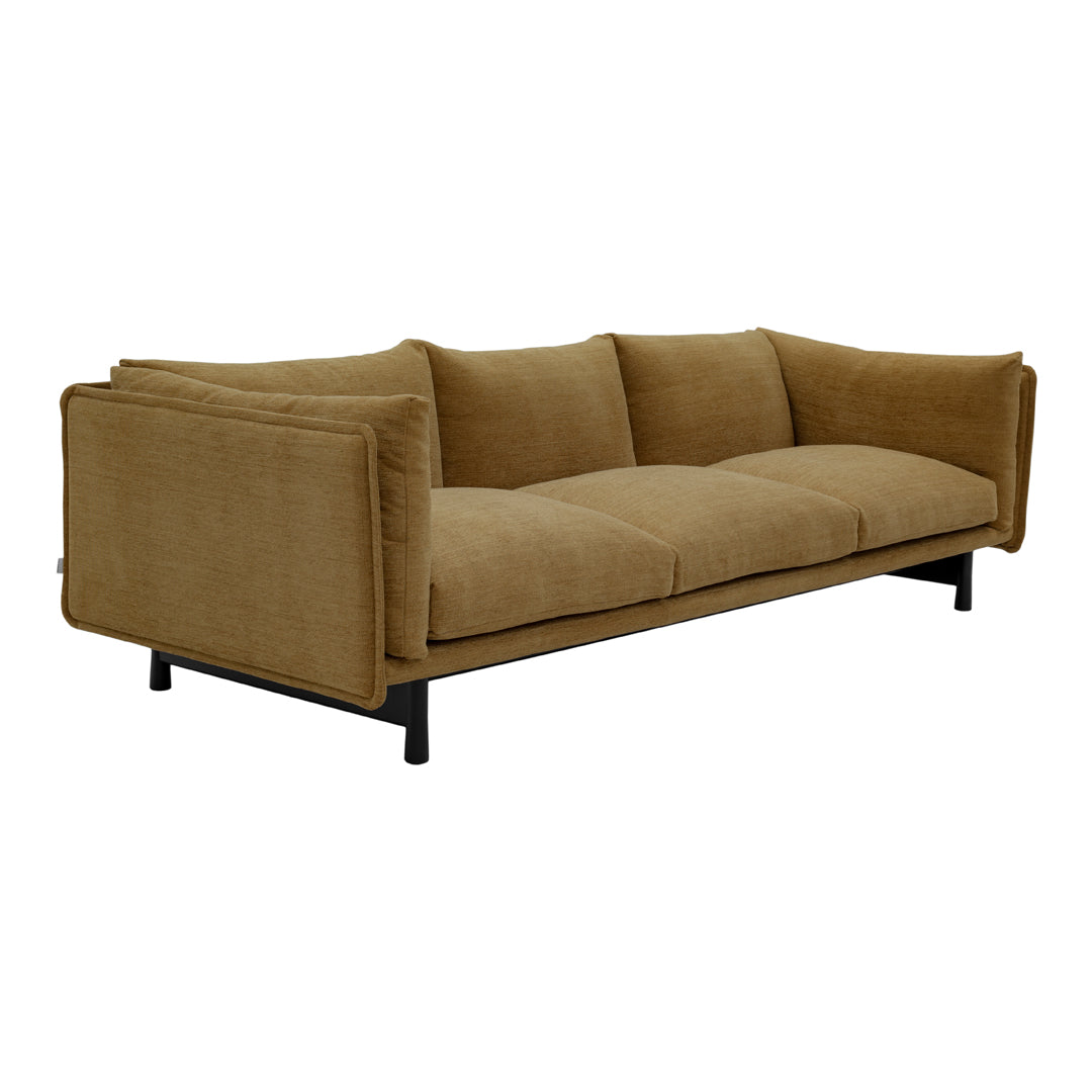 Brown textured three-seater sofa with a minimalist design and black metal legs, ideal for modern interiors.