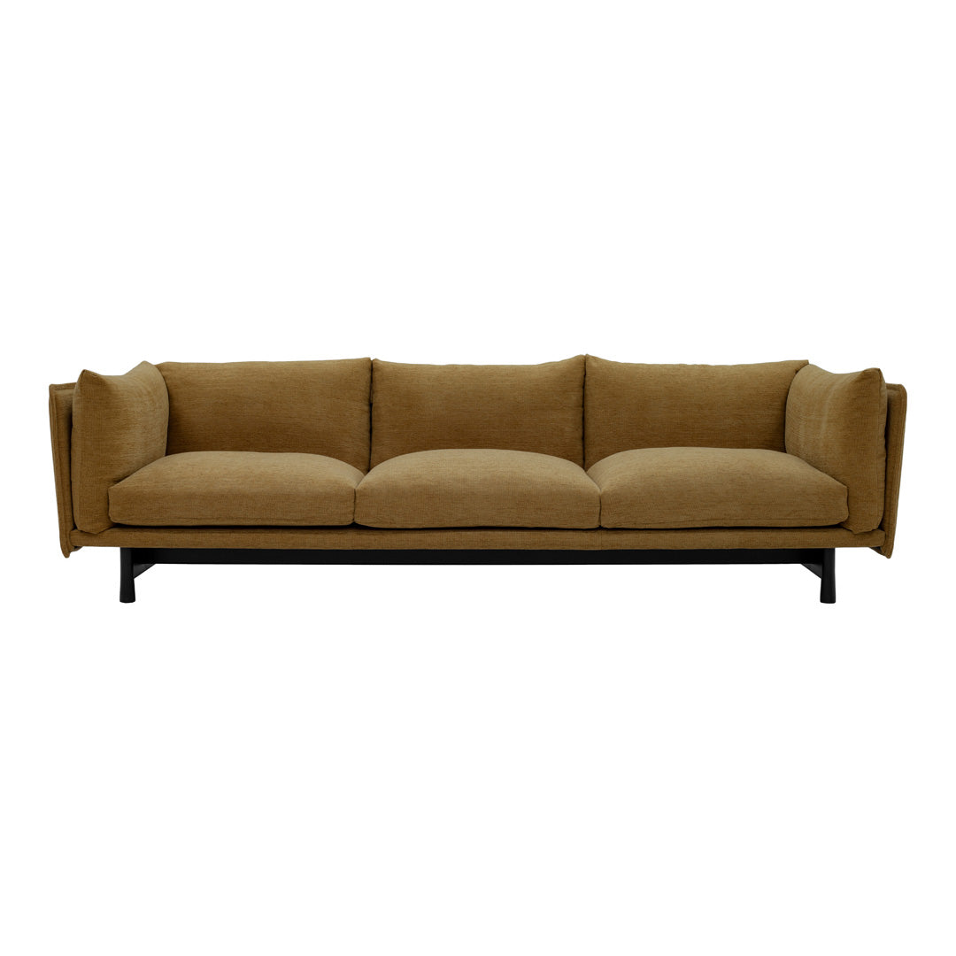 Brown upholstered sofa with smooth fabric and a modern, minimalist design. Black metal base completes the elegant look.