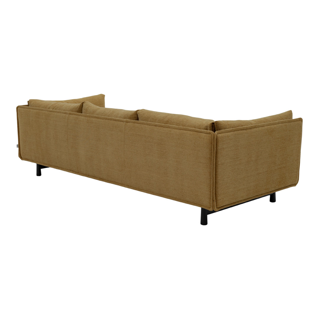 "Modern beige sofa with a textured fabric and clean lines, featuring simple black metal legs."