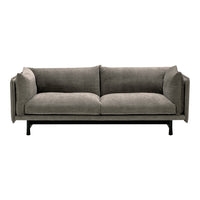 Modern gray sofa with a sleek design, featuring plush cushions and a stylish black metal frame.