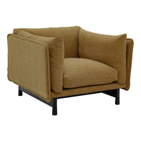 Tan upholstered armchair with textured fabric and modern black metal legs. Stylish cushion design for comfort.