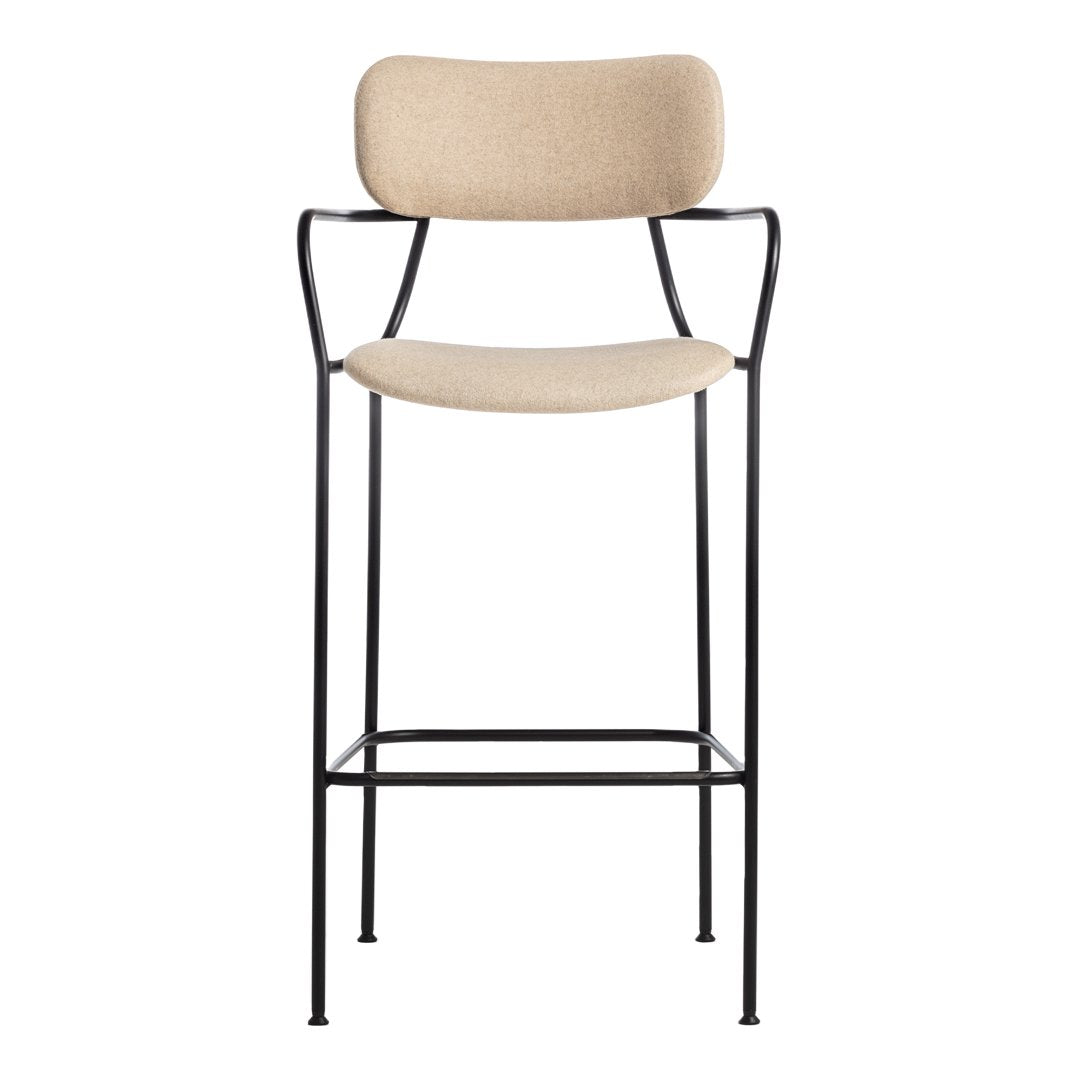 Beige upholstered bar stool with a sleek black metal frame, minimalistic design, and no intricate patterns.