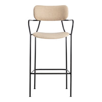 Beige upholstered bar stool with a sleek black metal frame, minimalistic design, and no intricate patterns.