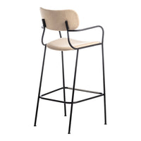 Beige upholstered bar stool with sleek black metal frame and minimalist design, perfect for modern decor.
