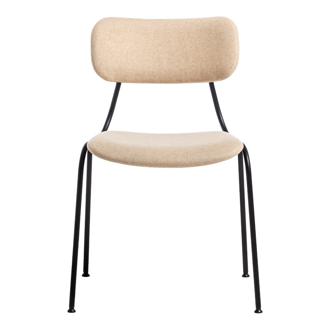 Beige upholstered chair with a smooth finish and sleek black metal legs, perfect for modern decor.