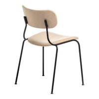 Beige upholstered chair with sleek black metal legs, featuring a minimalist and modern design.