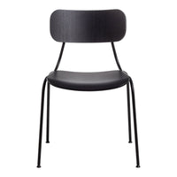 Black wooden chair with a smooth finish and minimalist design, featuring a curved back and slender metal legs.