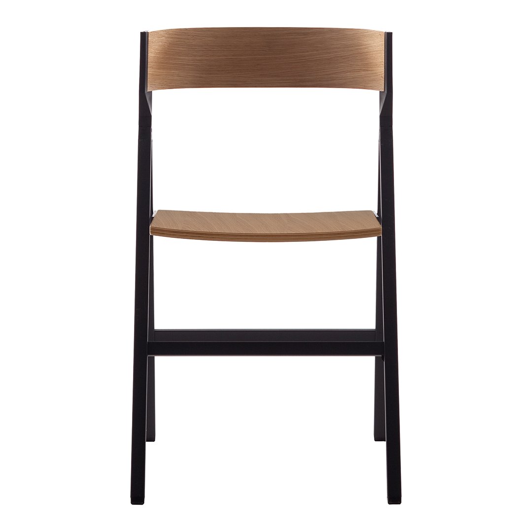 Black metal chair with a warm wooden seat and backrest, showcasing a sleek and modern design.