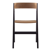 Black metal chair with a warm wooden seat and backrest, showcasing a sleek and modern design.