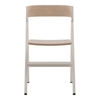 Minimalist chair with a light wood seat and backrest, featuring a sleek white metal frame. Modern and versatile design.