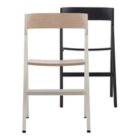 "Minimalist wooden chair in natural beige and sleek black finish, showcasing a simple, modern design."
