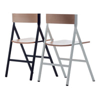 "Modern folding chairs in black and light gray frames with natural wood seats, featuring minimalist design."