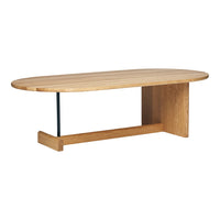 Oval wooden coffee table with a smooth natural oak finish and minimalist black metal base.