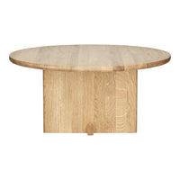 Round wooden table featuring a natural oak finish with a smooth, simple grain pattern.