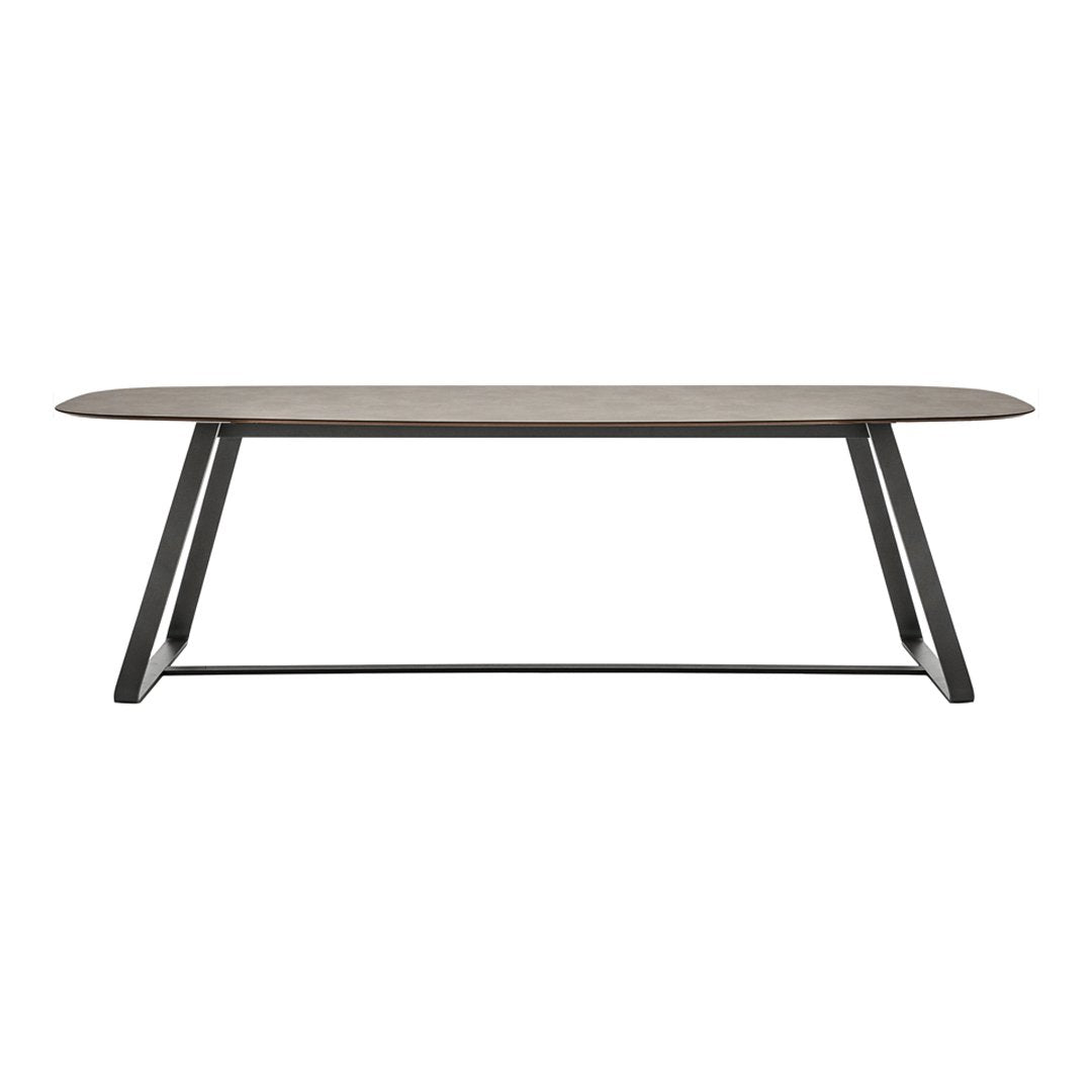 Modern gray rectangular table with sleek black legs and smooth surface, perfect for any contemporary space.