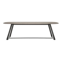Modern gray rectangular table with sleek black legs and smooth surface, perfect for any contemporary space.