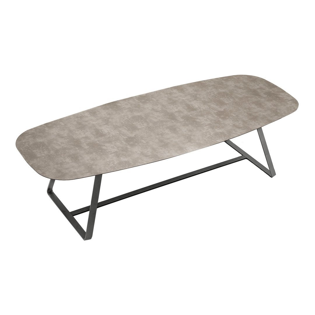 Stylish oval coffee table with a textured gray top and sleek black metal legs, perfect for modern decor.