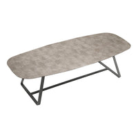 Stylish oval coffee table with a textured gray top and sleek black metal legs, perfect for modern decor.