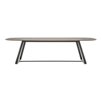 Stylish oval dining table with a light wood top and sleek black metal legs, featuring a modern minimalist design.