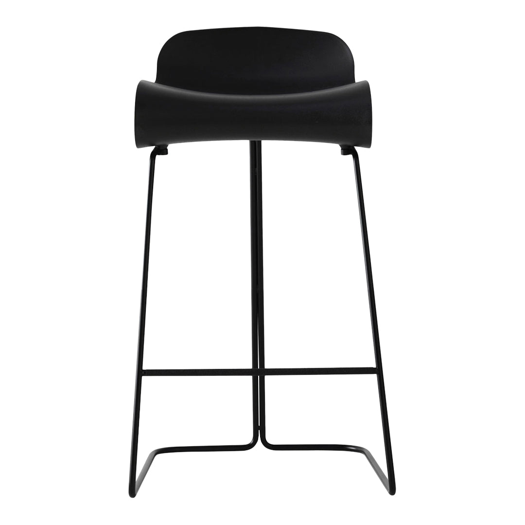 Sleek black bar stool with a minimalist design and smooth, rounded backrest. Ideal for modern decor.