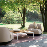 Beige outdoor bean bag chairs with black bases, surrounded by green grass and autumn foliage.