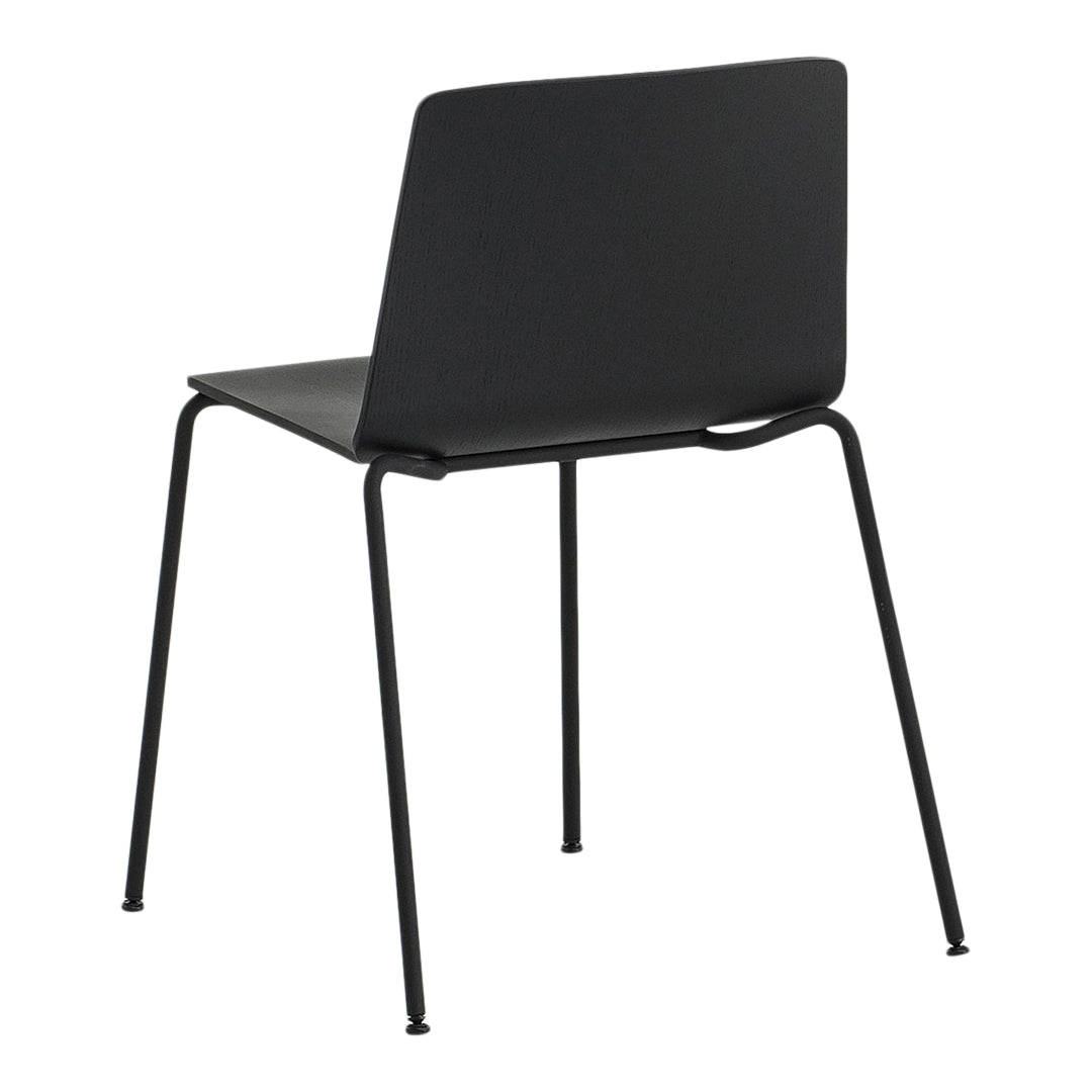 Black minimalist chair with a sleek wooden seat and thin metal legs, featuring a smooth matte finish.