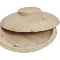 Natural wooden serving dish with smooth, light oak finish and a rounded lid design. Elegant and minimalistic style.
