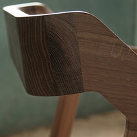 Close-up of a stylish wooden chair showcasing rich brown tones and distinct grain patterns. Perfect for modern decor.