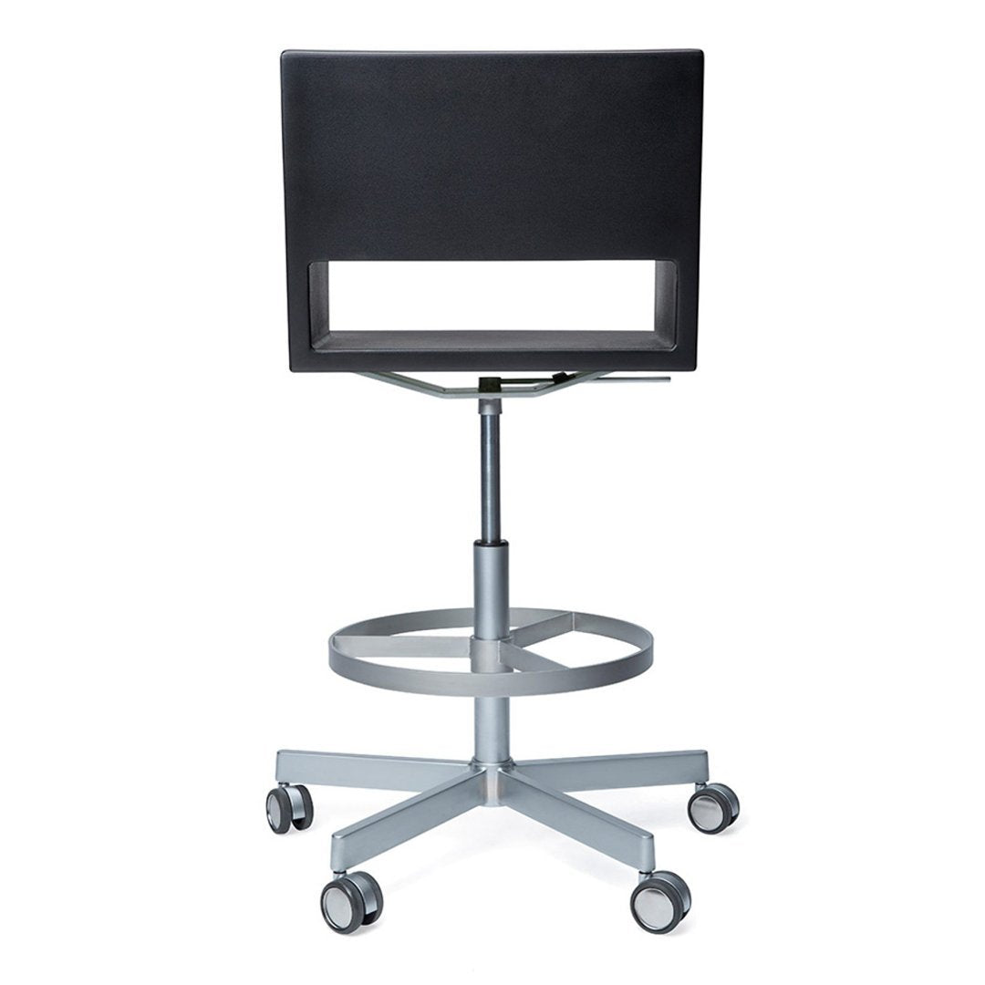 Black adjustable chair with a sleek silver base and five swivel wheels, featuring a minimalist design.