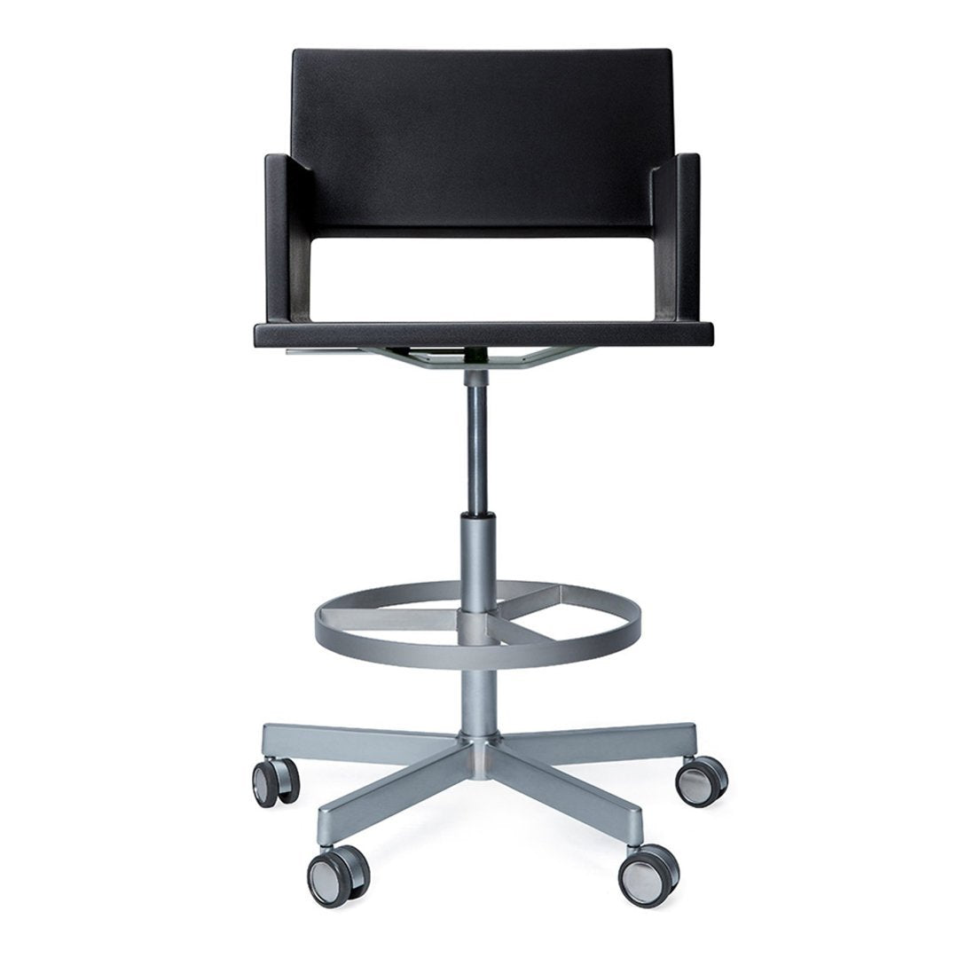 Black and silver ergonomic swivel chair with a modern design and smooth surfaces. Perfect for stylish workspaces.