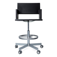 Black and silver ergonomic swivel chair with a modern design and smooth surfaces. Perfect for stylish workspaces.