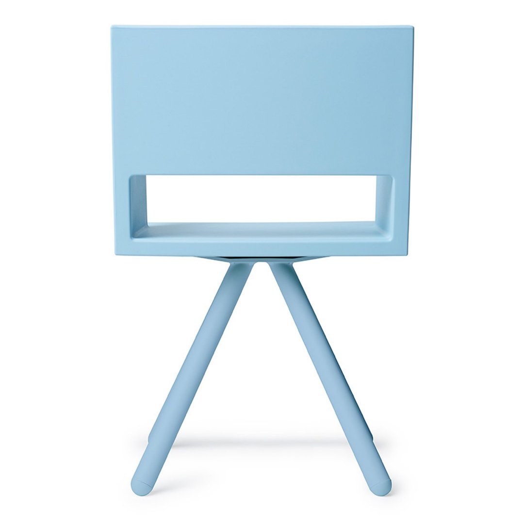 Light blue modern side table with a sleek, minimalist design and three tapered legs. Ideal for contemporary decor.