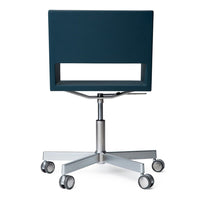 Teal modern office chair with minimalist design and chrome base, featuring smooth wheels and a sleek, geometric shape.