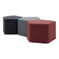 Hexagonal ottomans in navy blue, gray, and burgundy textured fabric, ideal for modern decor.