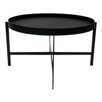 Round black tray table with a sleek matte finish and minimalist design, featuring slender legs for modern aesthetic.