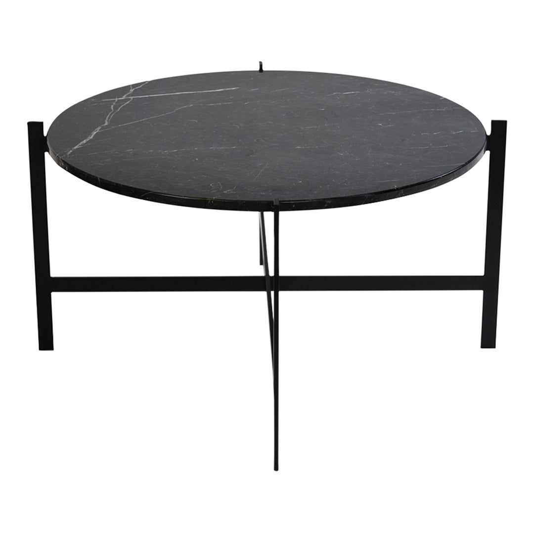 Black marble round coffee table with white veining and a sleek black metal frame. Elegant and modern design.