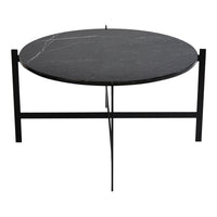 Black marble round coffee table with white veining and a sleek black metal frame. Elegant and modern design.