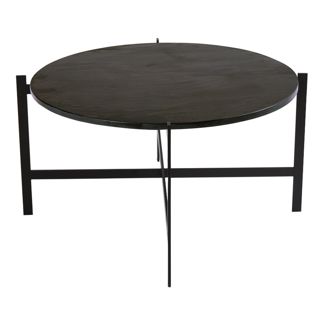 Round black coffee table with a sleek wooden top and minimalist metal legs. Modern and stylish design.