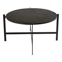 Round black coffee table with a sleek wooden top and minimalist metal legs. Modern and stylish design.