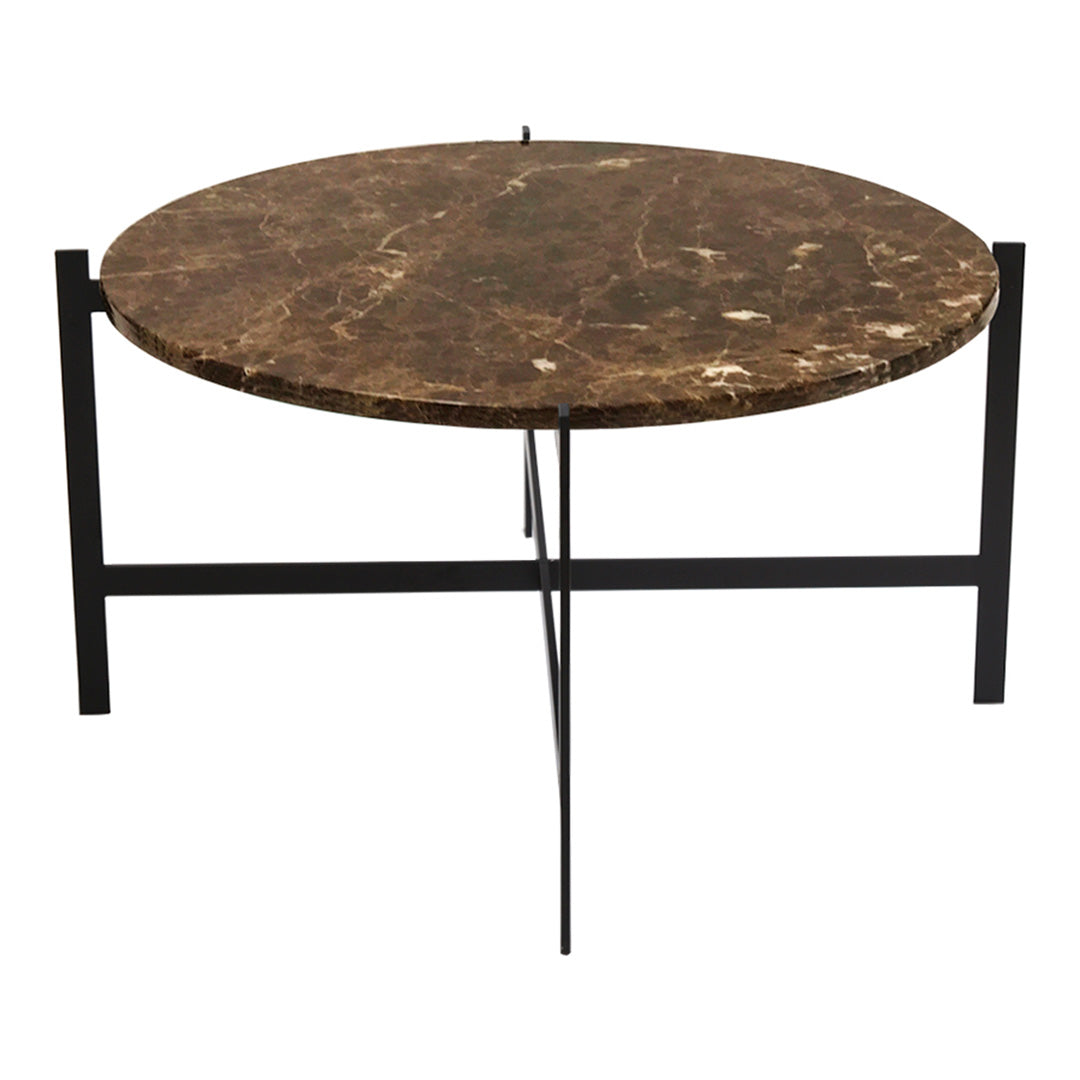 Round marble coffee table with a rich brown surface and black metal legs, featuring natural veining patterns.
