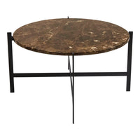 Round marble coffee table with a rich brown surface and black metal legs, featuring natural veining patterns.
