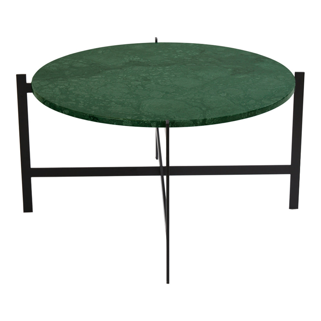 Green marble top round coffee table with a sleek black metal base. Contemporary design for modern decor.